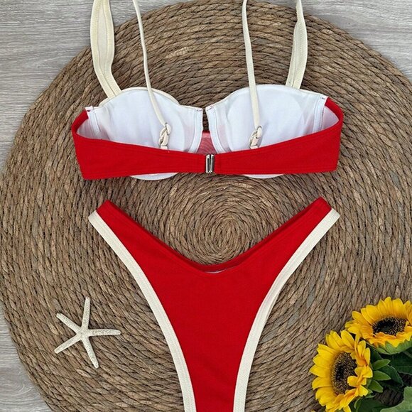 Red Sexy Women's Color Blocking Bikini Swimsuit - Picture 3 of 5